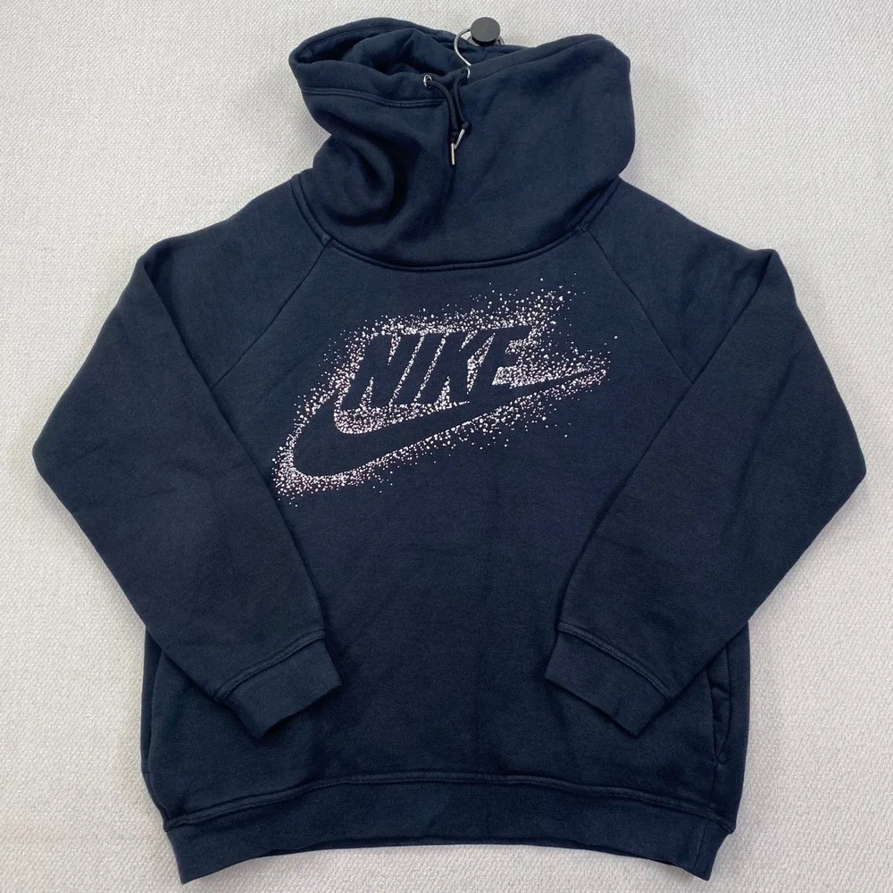 Nike Funnel Neck Fleece Hoodie Women M Black Glitter Splatter Logo 874114-011